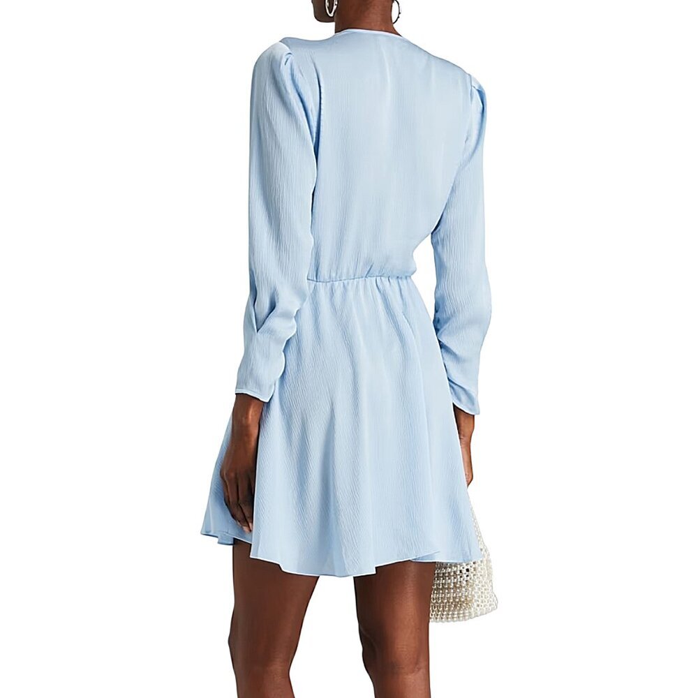 NWT Maje Revolver Hammered Crepe Baby Blue Ruched Sleeve Mini Dress - 42 (10) - Picture 2 of 16